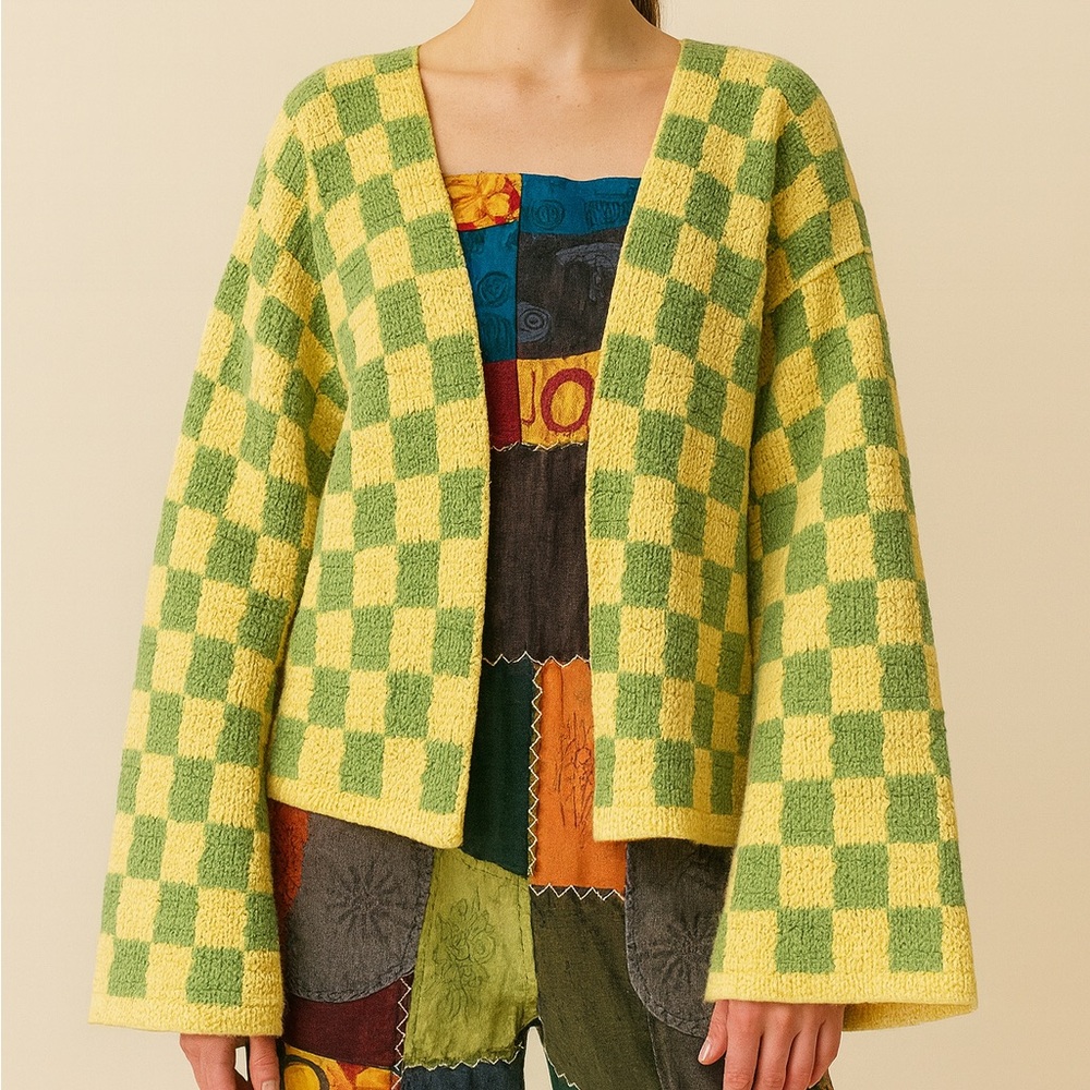 Anthropologie Yellow and Green Checkered Cardigan